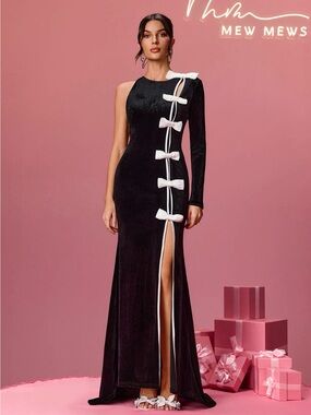 Mew Mews Aldith One-Shoulder Bow Velvet Dress